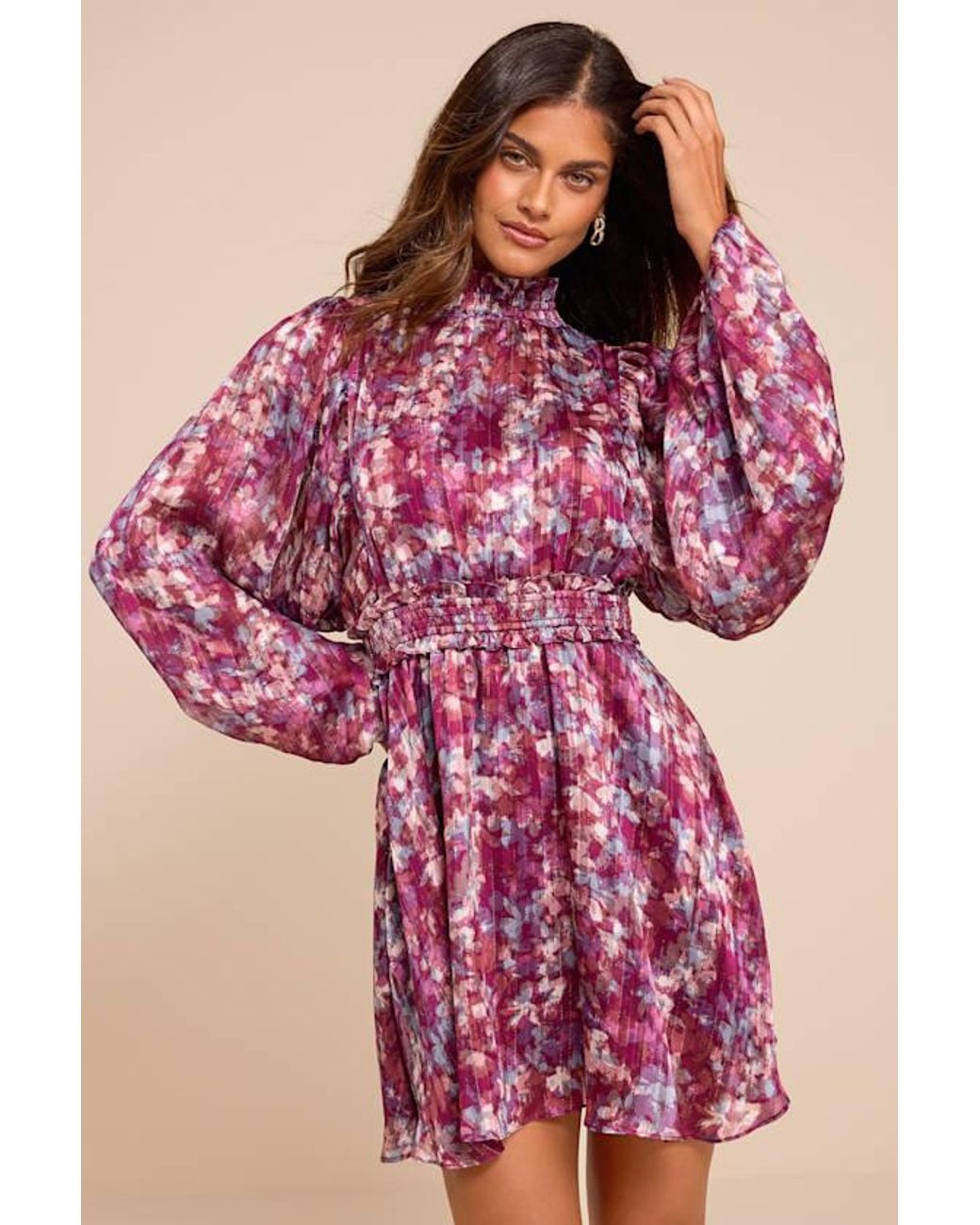 Lulus Red Andie Multi Abstract Floral Mock Neck Mini Dress