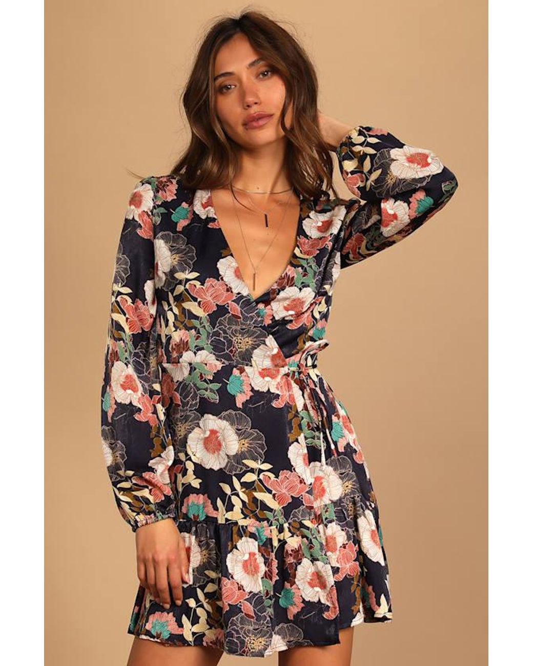 Lulus Natural So Splendid Floral Satin Long Sleeve Wrap Dress