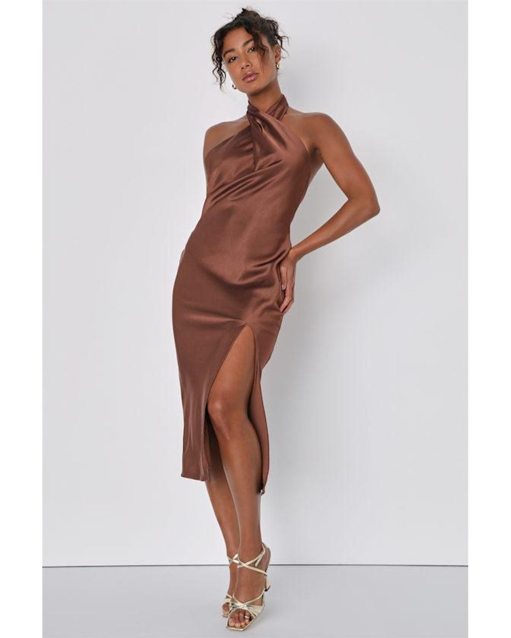 Lulus Brown Beyond Classy Satin Halter Midi Dress