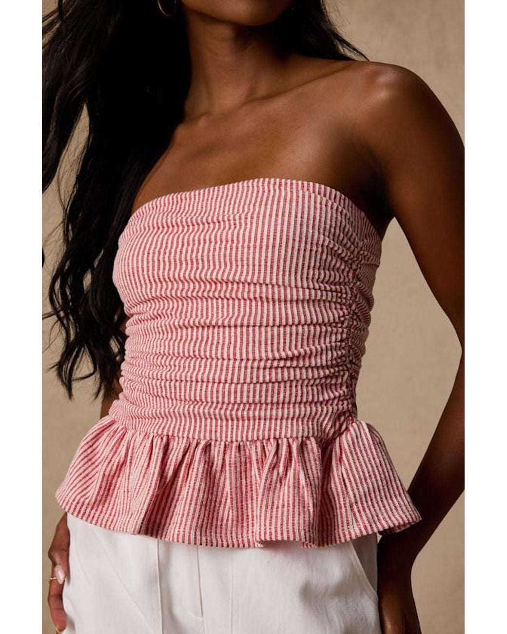 Lulus Brown Philomena Striped Strapless Peplum Top