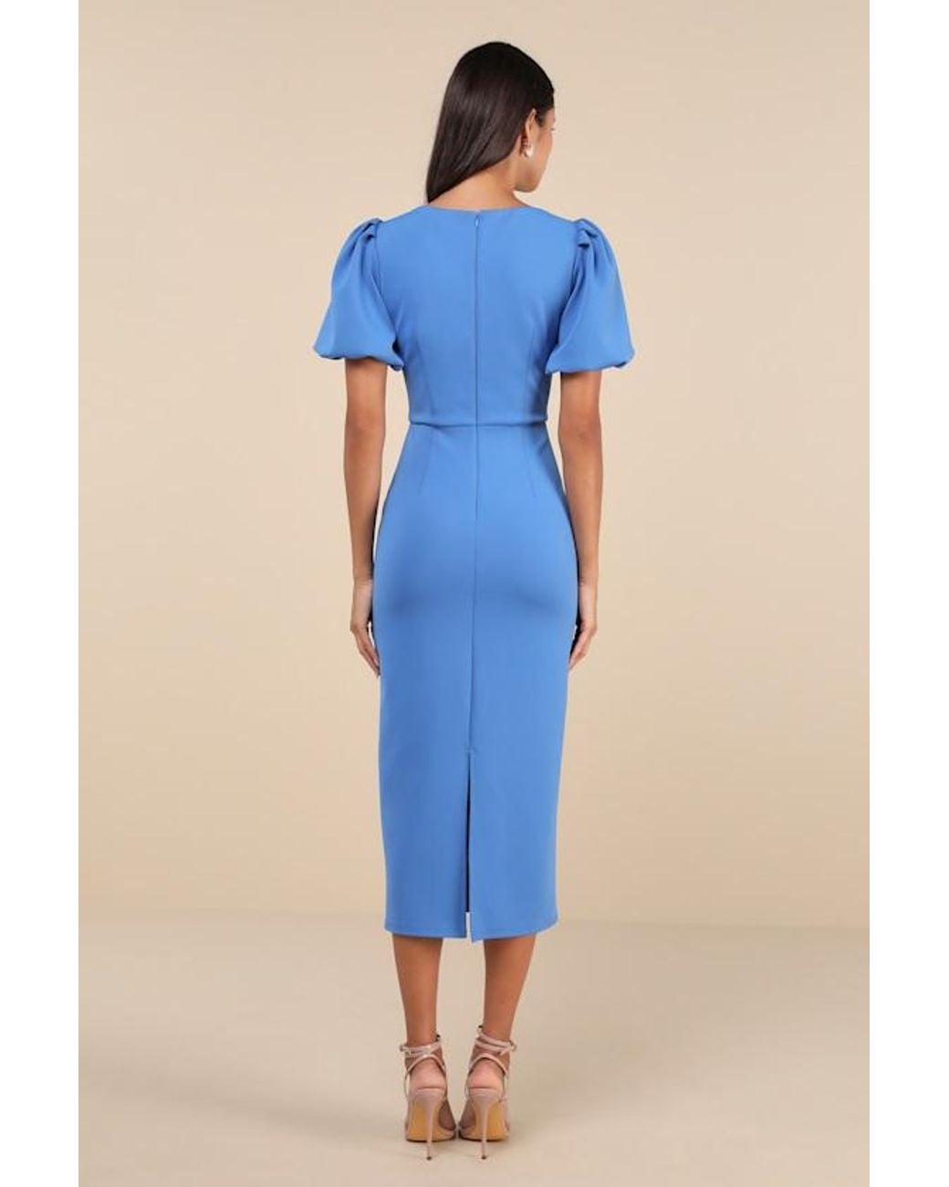 Lulus Blue Simply Beloved Puff Sleeve Bodycon Midi Dress