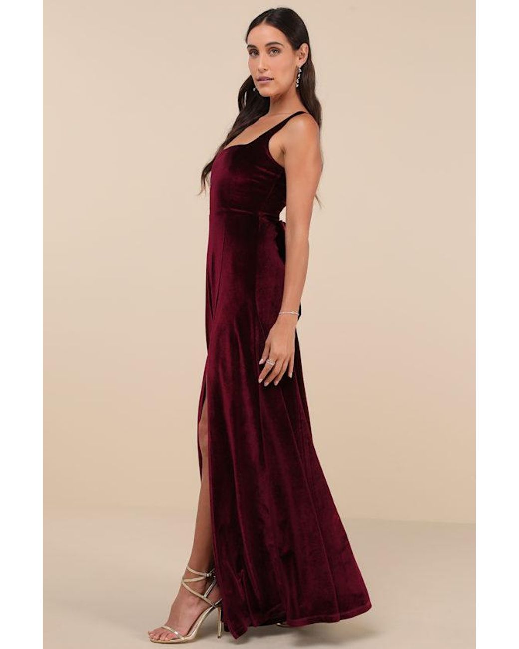 Lulus Red Graceful Invite Dark Plum Velvet Square Neck Lace-Up Maxi Dress