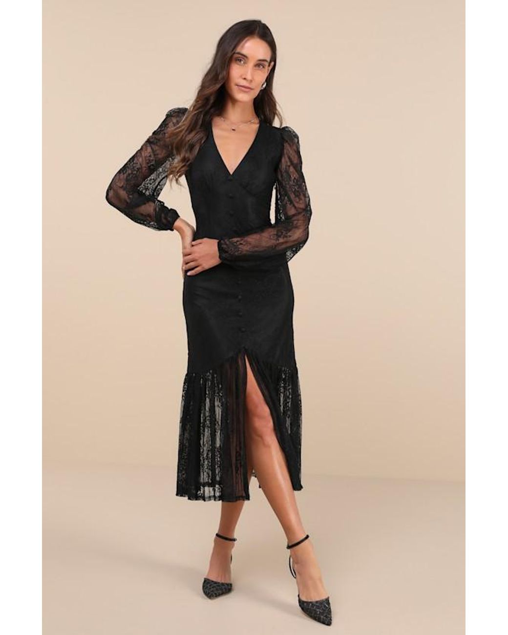 Lulus Perfect Tendencies Lace Button-Front Midi Dress in Black | Lyst