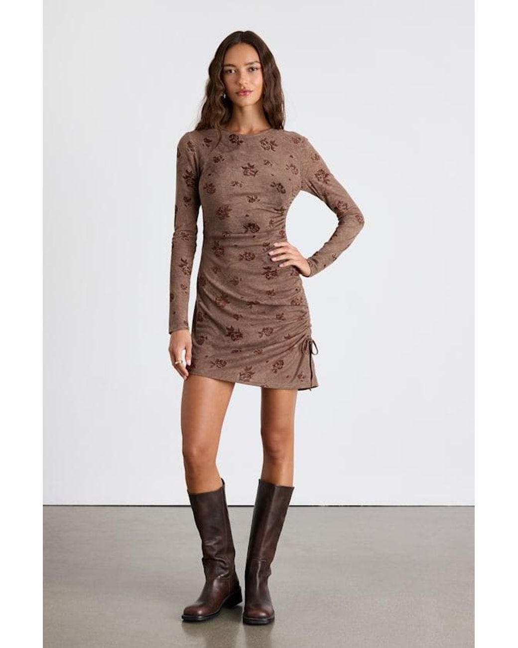 Lulus Brown Laudie Rose Print Ruched Mini Dress