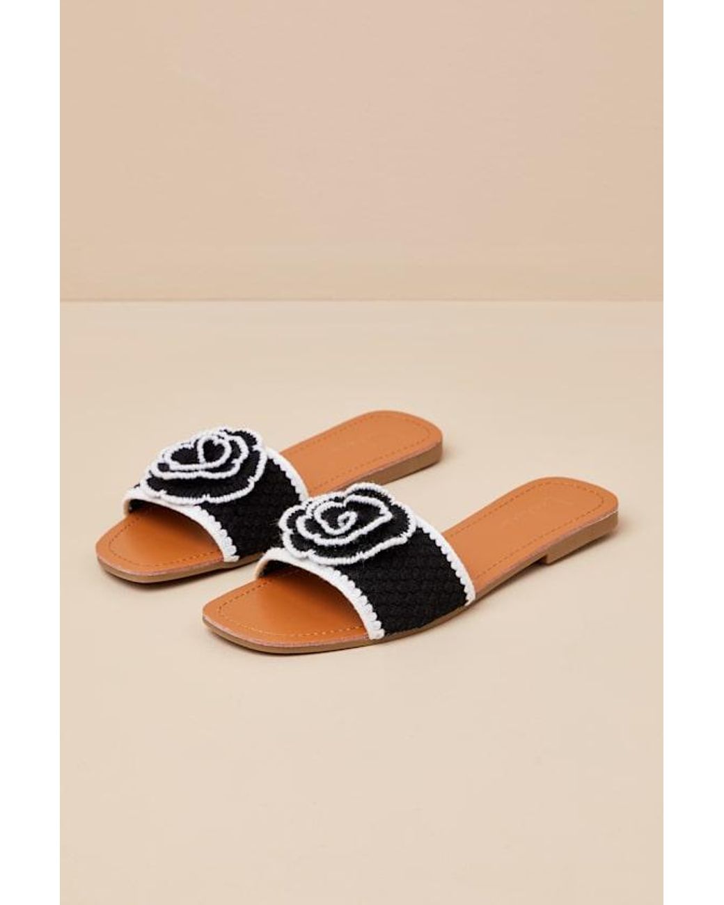 Lulus Black Simmy Flower Slide Sandals