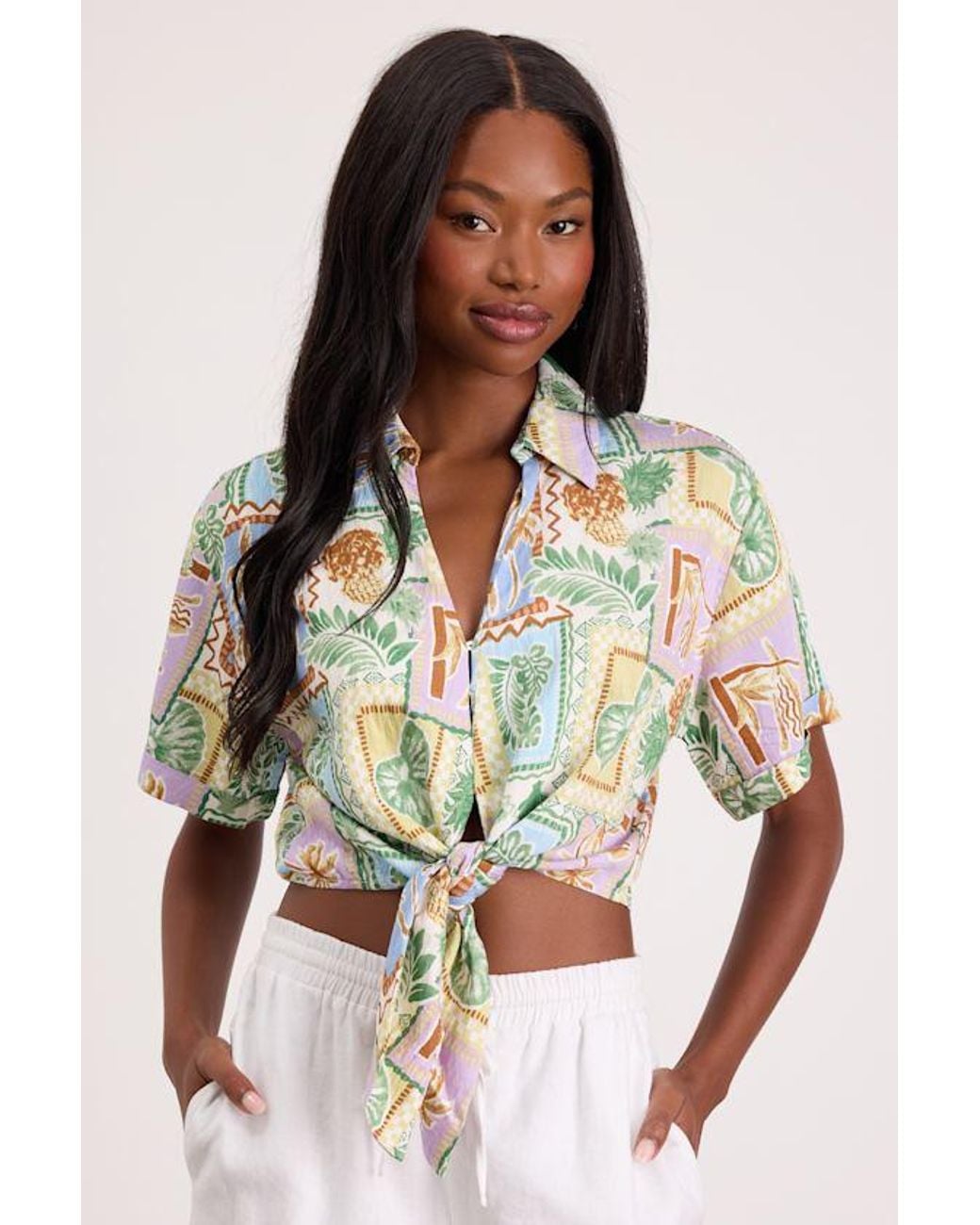 Lulus Yellow Kaliyah Multi Tropical Print Tie-Front Collared Top