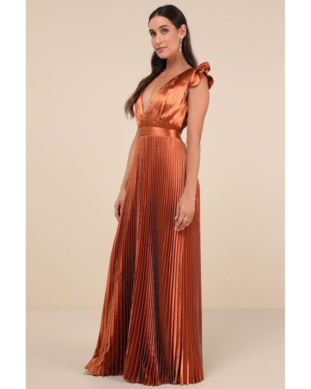 Lulus Orange Exceptional Drama Satin Lace-Up Pleated Maxi Dress