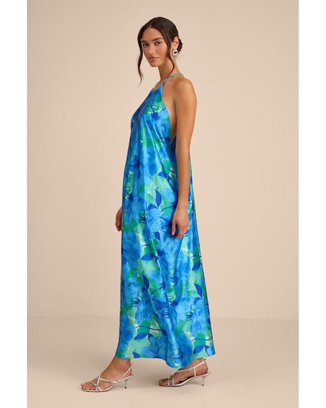 Lulus Blue Imana Floral Satin Shift Midi Dress
