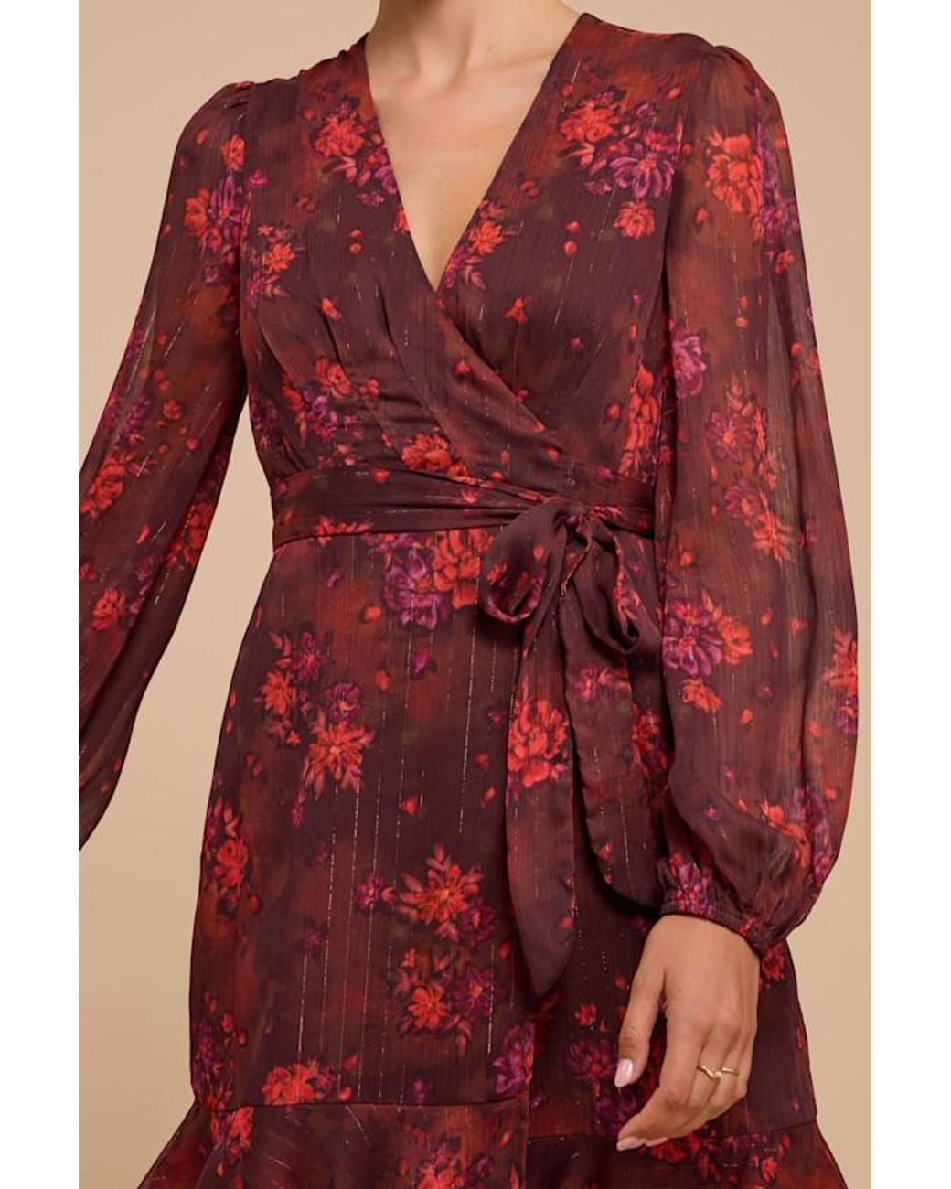Lulus Red Gianno Floral Print Wrap Midi Dress