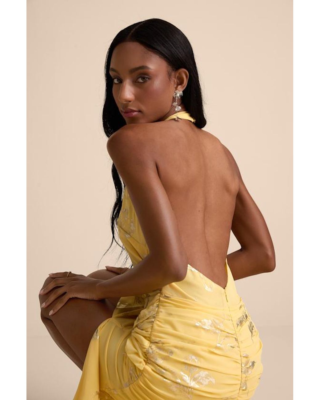 Lulus Natural Dayana Metallic Floral Backless Maxi Dress