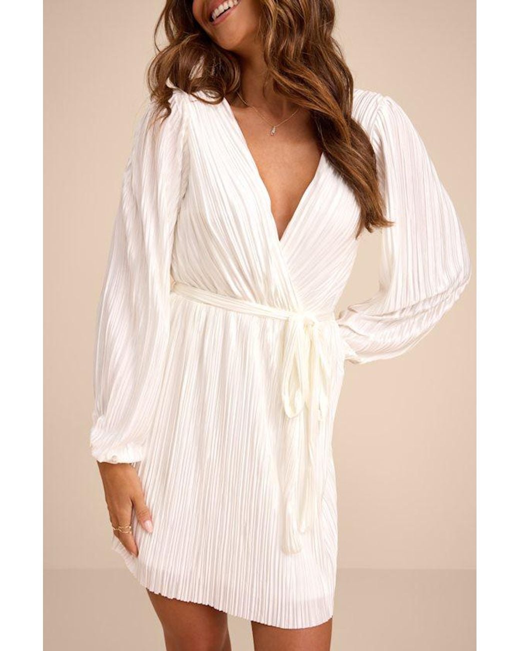 Lulus Natural Hastings Pleated Surplice Mini Dress