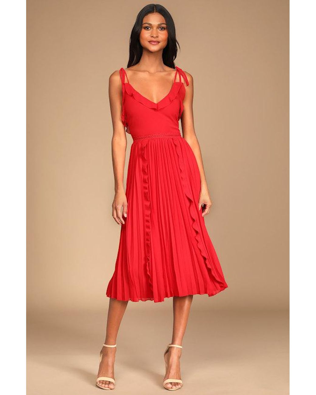 Lulus Red Never A Dull Moment Bright Tie-Strap Pleated Midi Dress