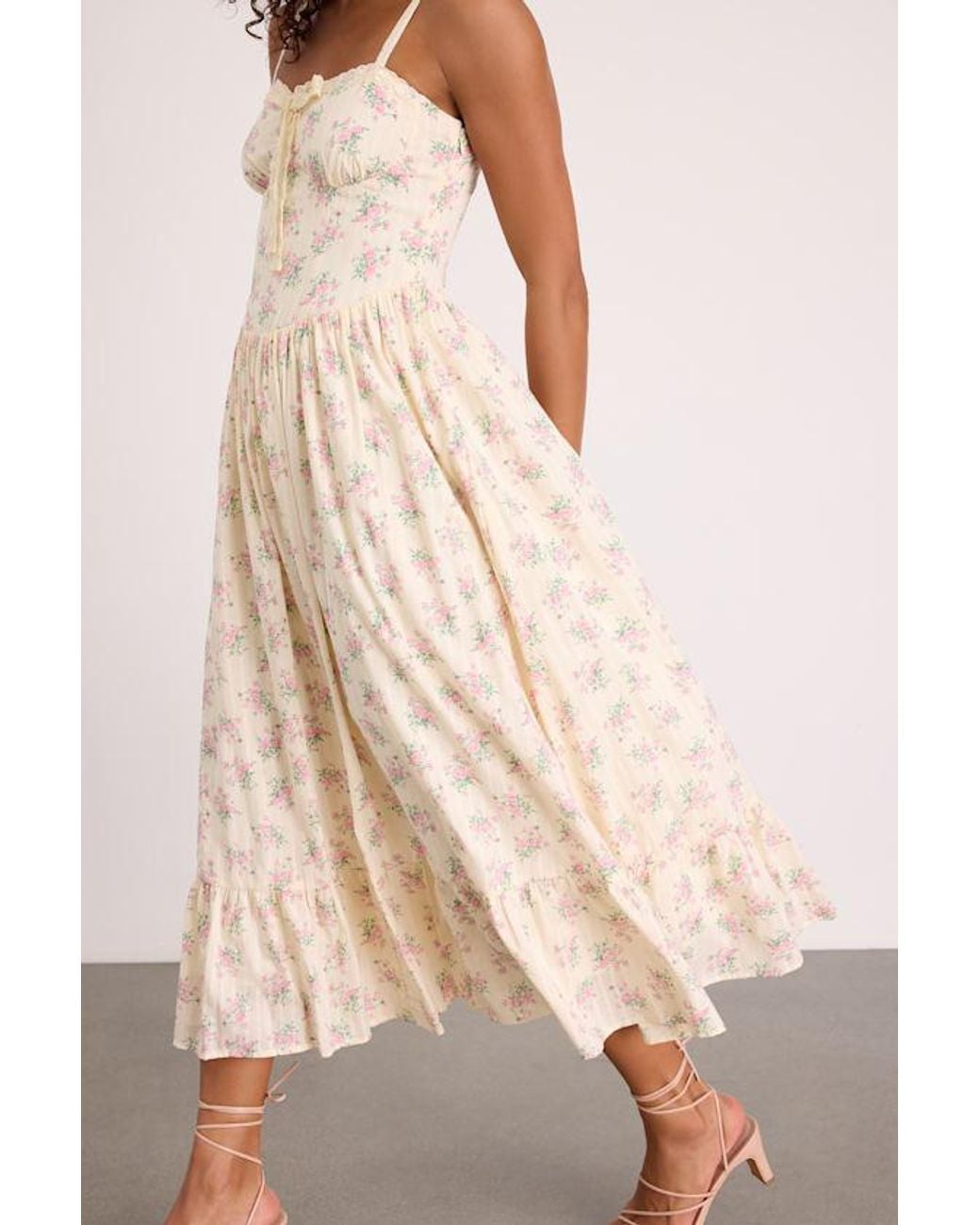 Lulus Natural Odilie Pale Floral Lace Sleeveless Midi Dress