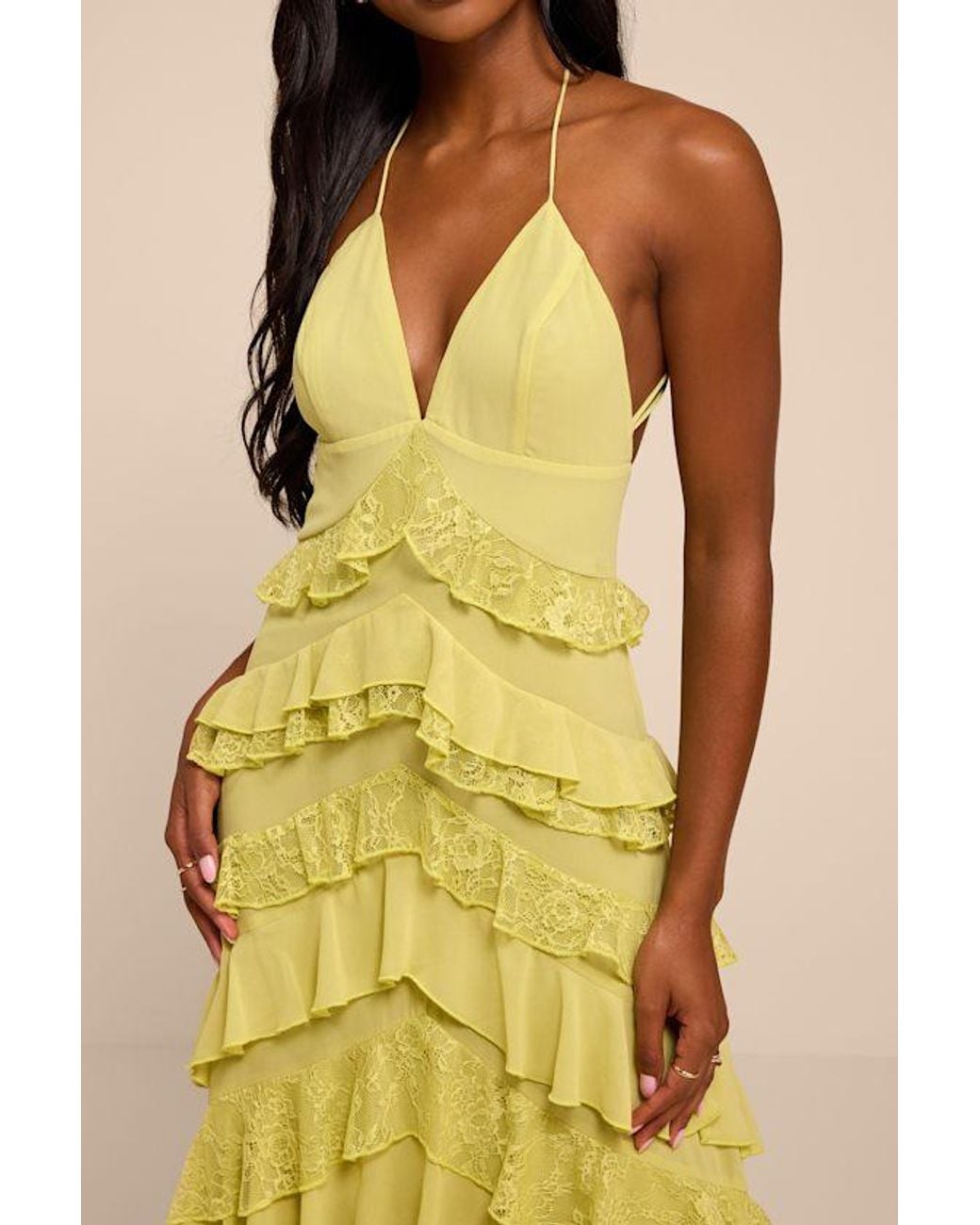 Lulus Yellow Melena Chartreuse Ruffled Lace Midi Dress