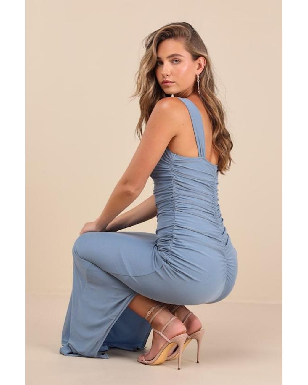 Lulus Amazing Presence Mesh Ruched Column Maxi Dress in Blue | Lyst