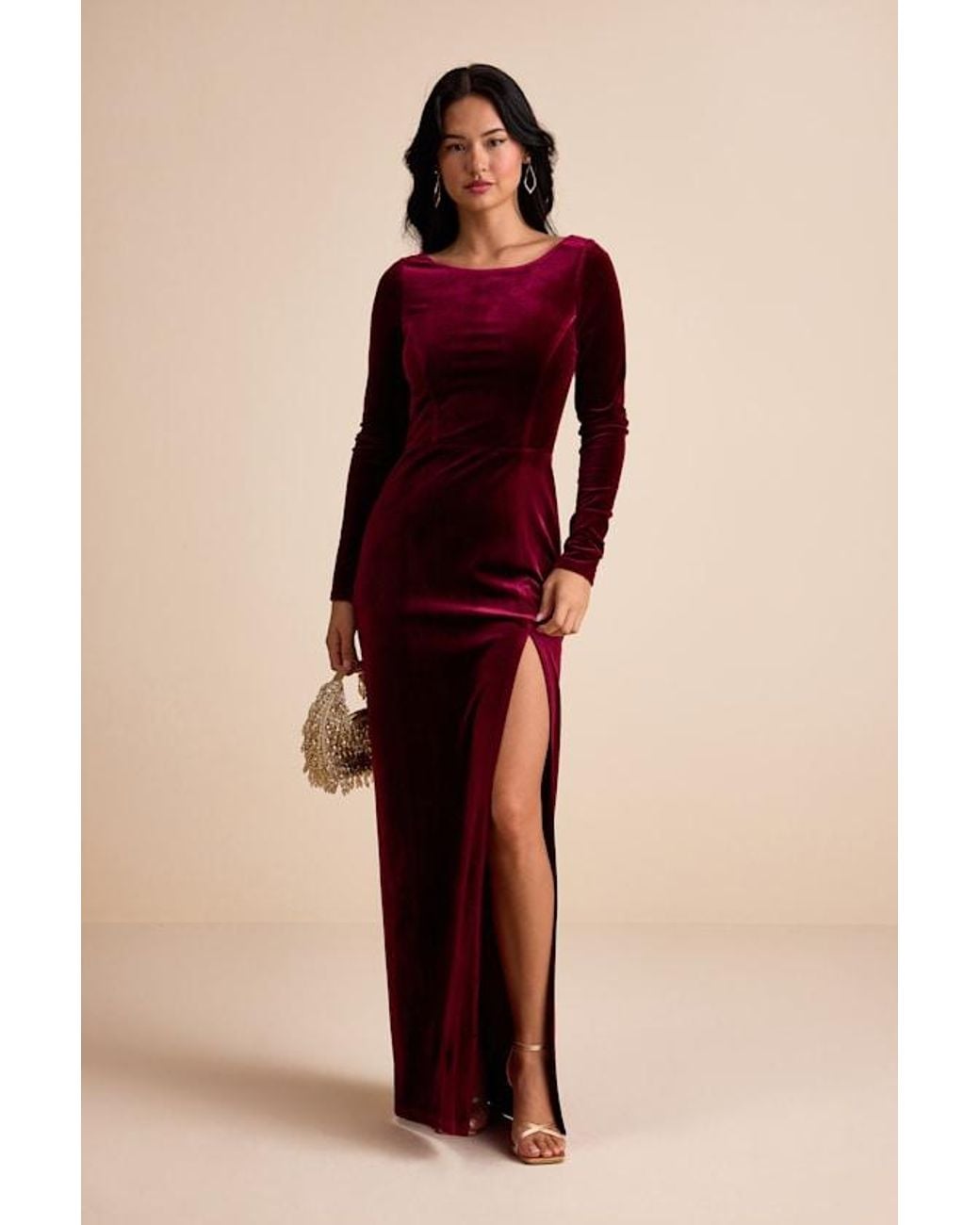Lulus Duarte Velvet Cowl Back Long Sleeve Maxi Dress in Red