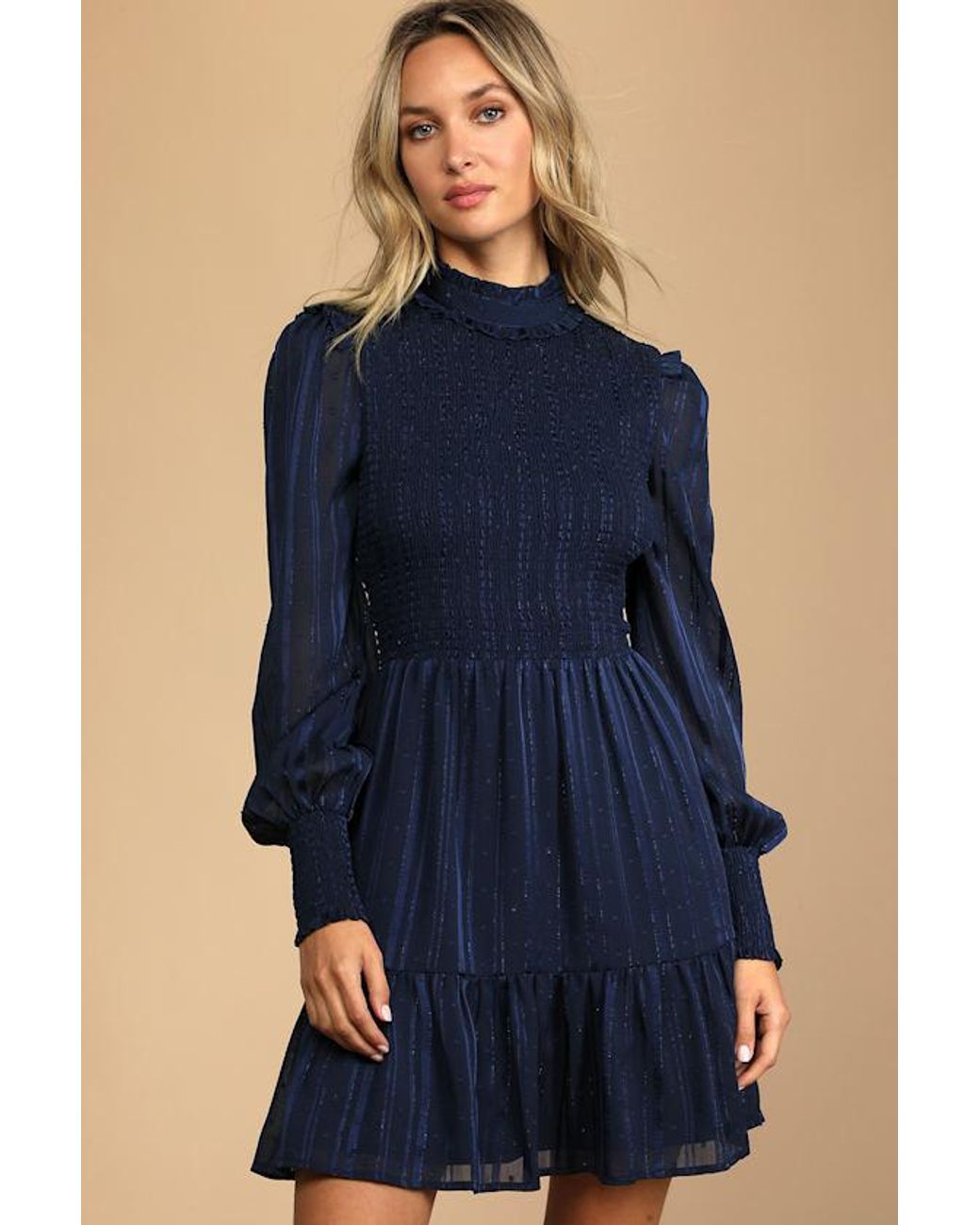 Lulus Blue Heartful Romance Striped Smocked Long Sleeve Mini Dress