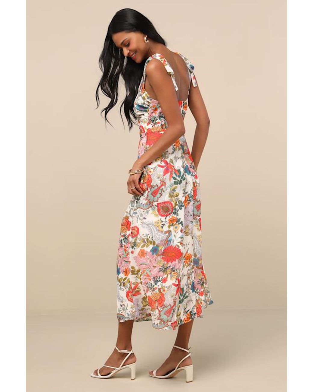 Lulus Natural Simply Blissful Multi Floral Tie-Strap A-Line Midi Dress