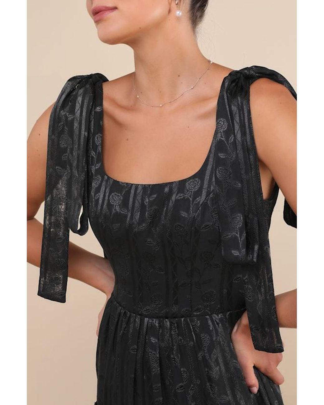Lulus Black Picturesque Allure Jacquard Tie-Strap Maxi Dress