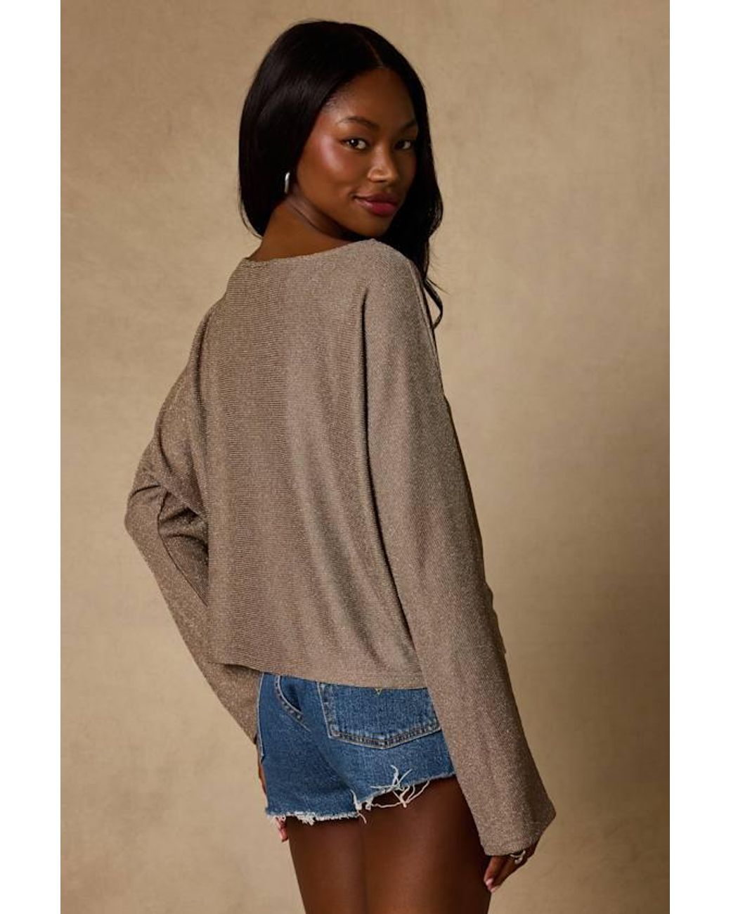 Lulus Brown Braylin Lurex Knit Dolman Sleeve Top