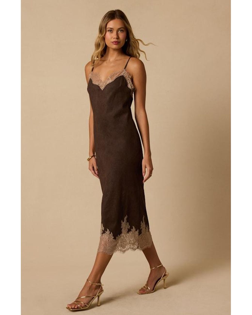 Lulus Natural Paige Suede Lace Midi Dress