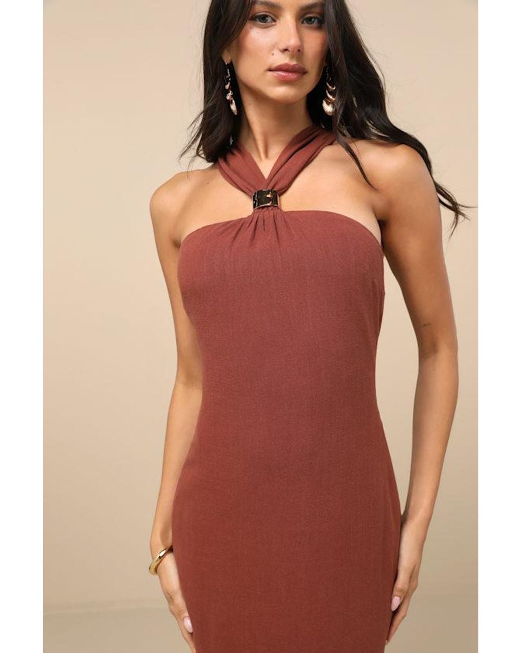 Lulus Natural Calessia Linen Halter Neck Midi Dress