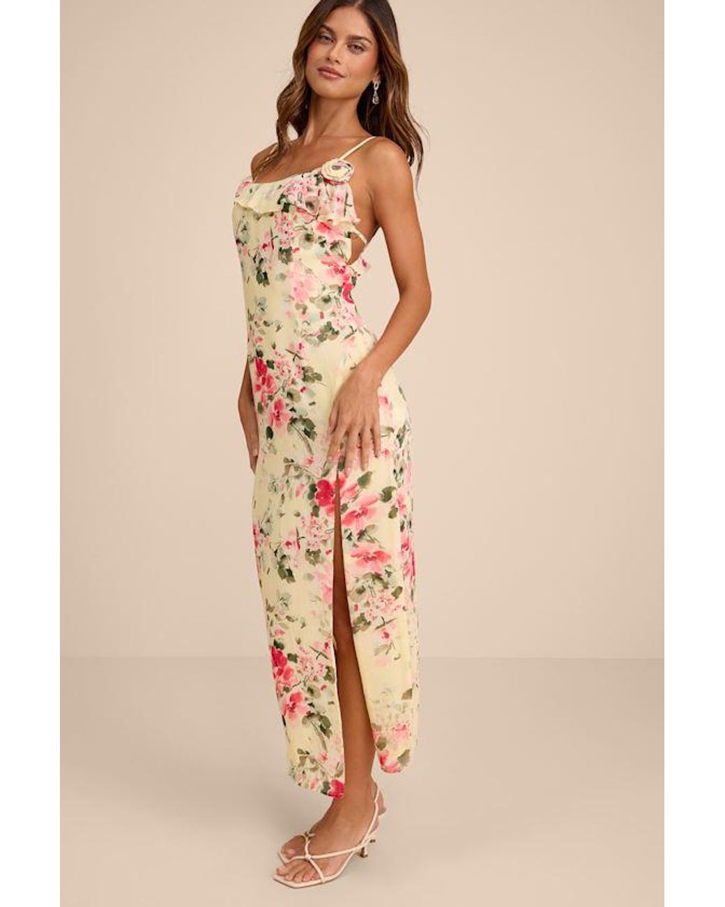Lulus Natural Emery Floral Asymmetrical Ruffled Maxi Dress