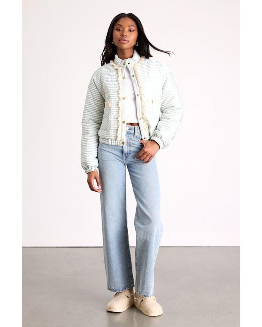 Lulus White Tamara Sage Gingham Ruffled Lace Puffer Jacket