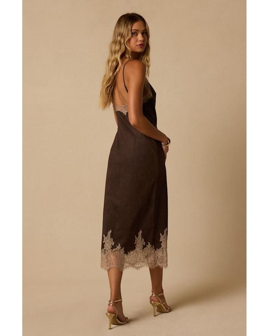Lulus Natural Paige Suede Lace Midi Dress