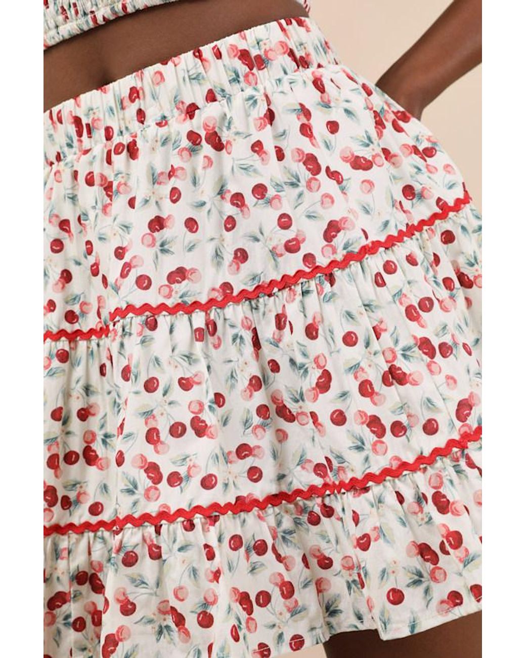 Lulus Pink Chelan Cherry Print Tiered Mini Skirt