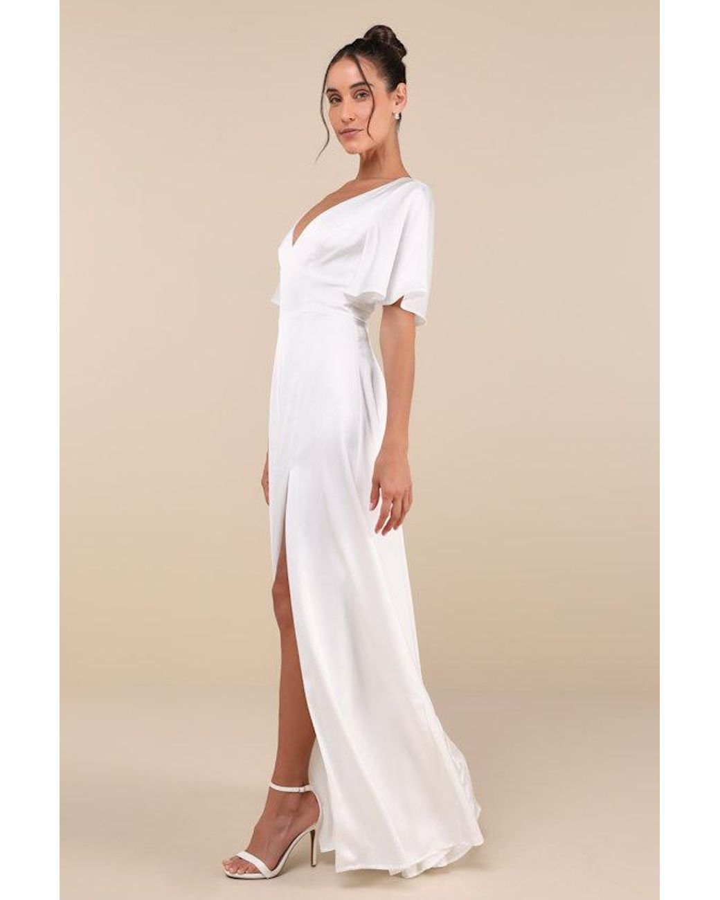 Lulus Natural Elegant Confidence Satin Flutter Sleeve Cutout Maxi Dress