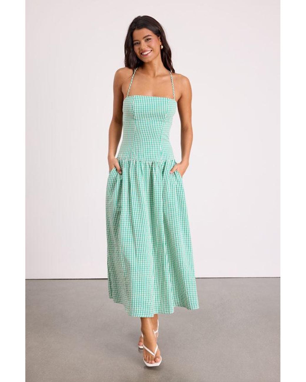 Lulus Green Lanny Gingham Lace-Up Midi Dress
