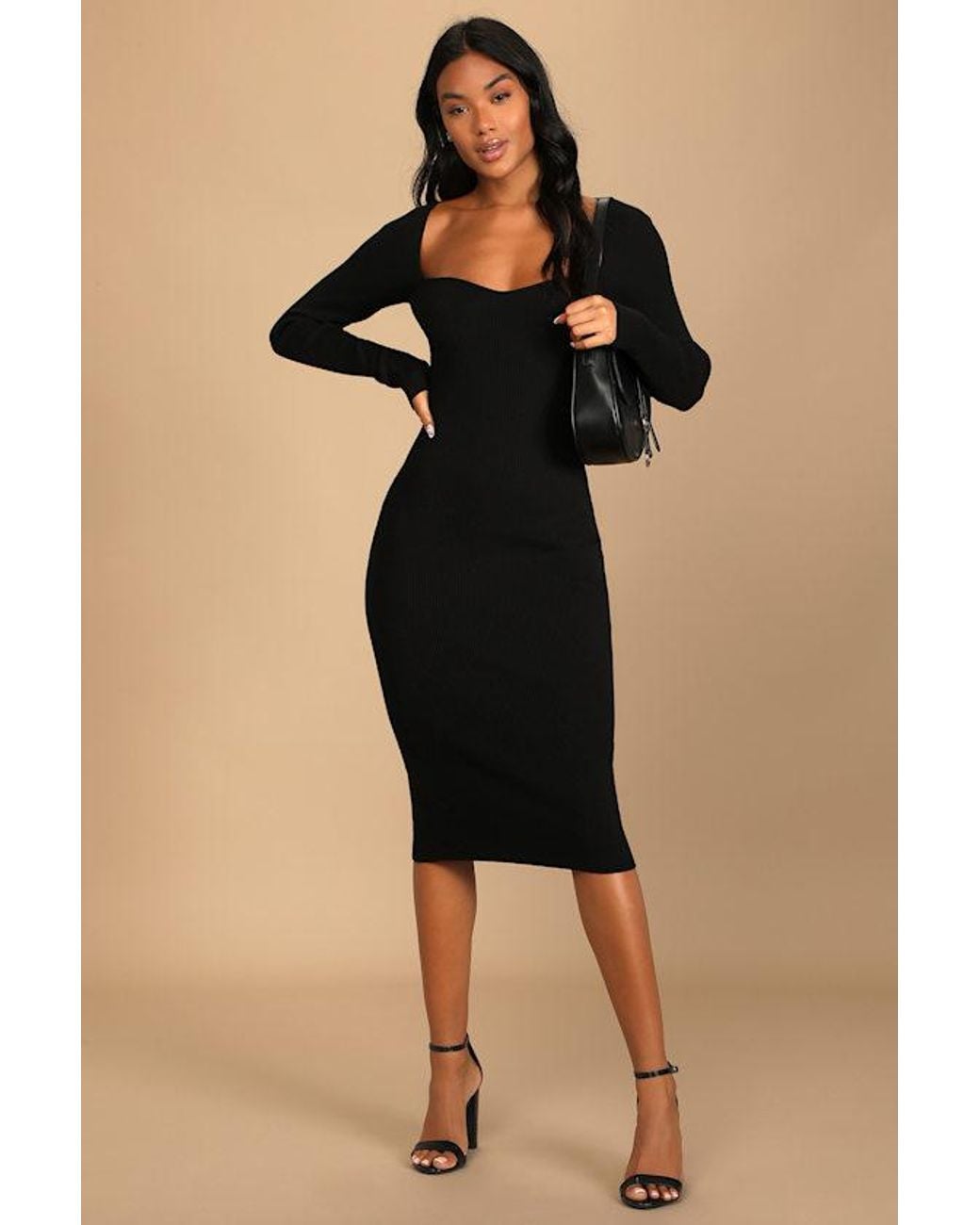 Lulus Black Fall Feelings Ribbed Bodycon Midi Dress