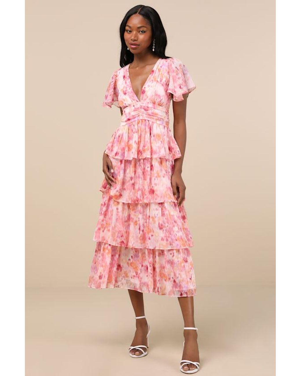 Lulus Nalia Abstract Print Tiered Tie-Back Midi Dress in Pink | Lyst