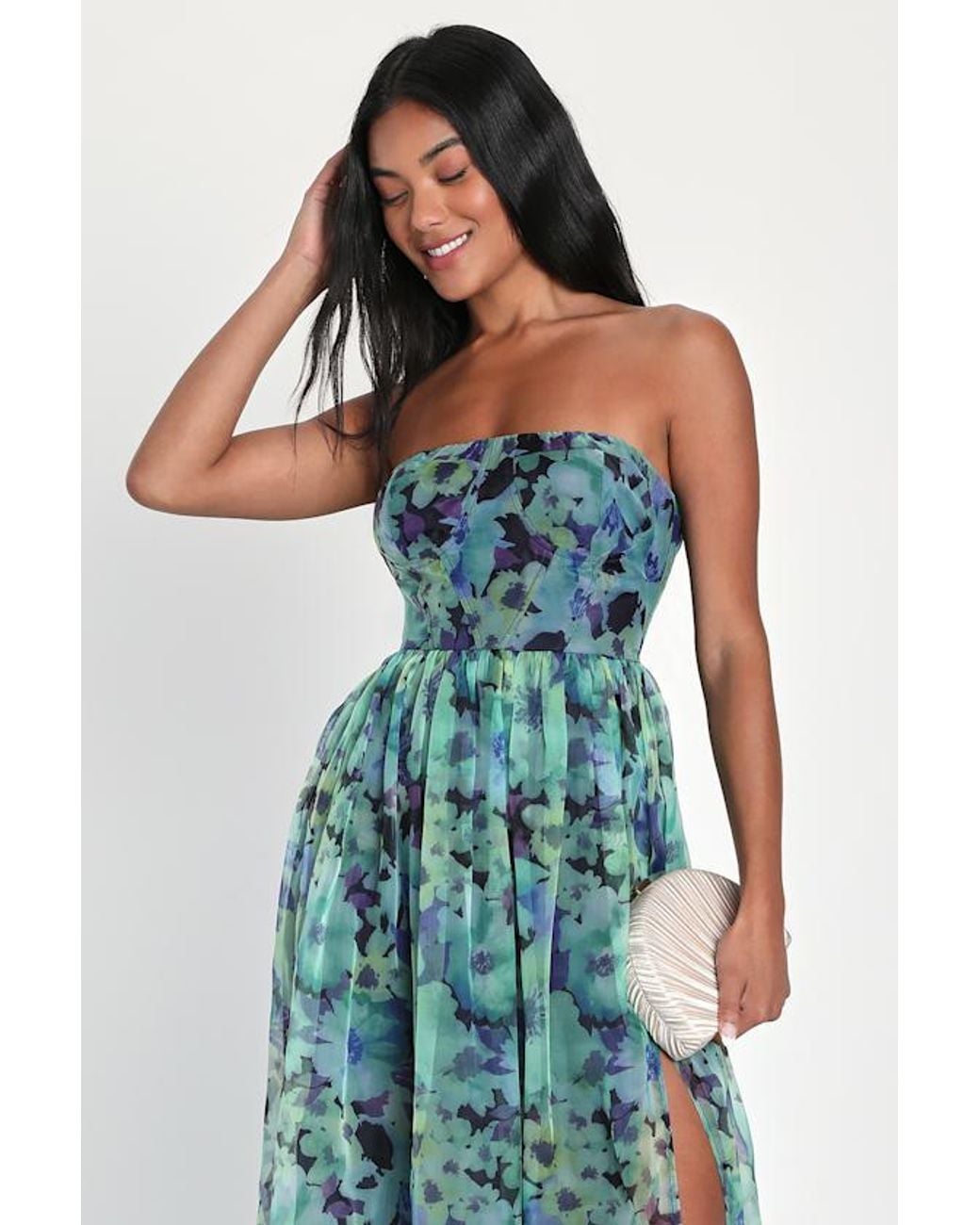 Lulus Blue Wonderful Waltz Floral Print Strapless Bustier Maxi Dress