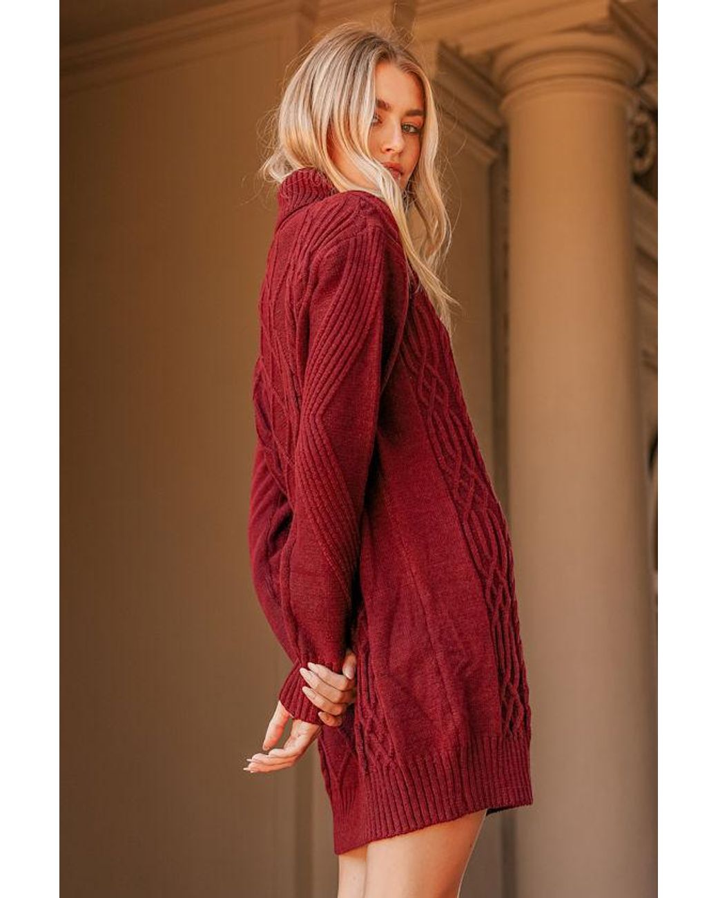 Lulus Red Cuddle Up Close Cable Knit Turtleneck Sweater Dress