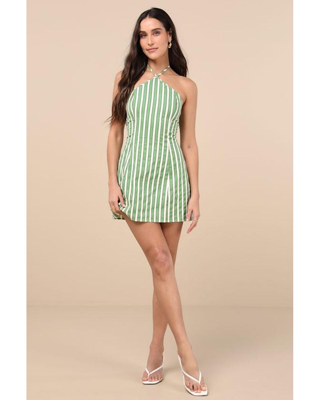Lulus Green Madelia Striped Halter Mini Dress