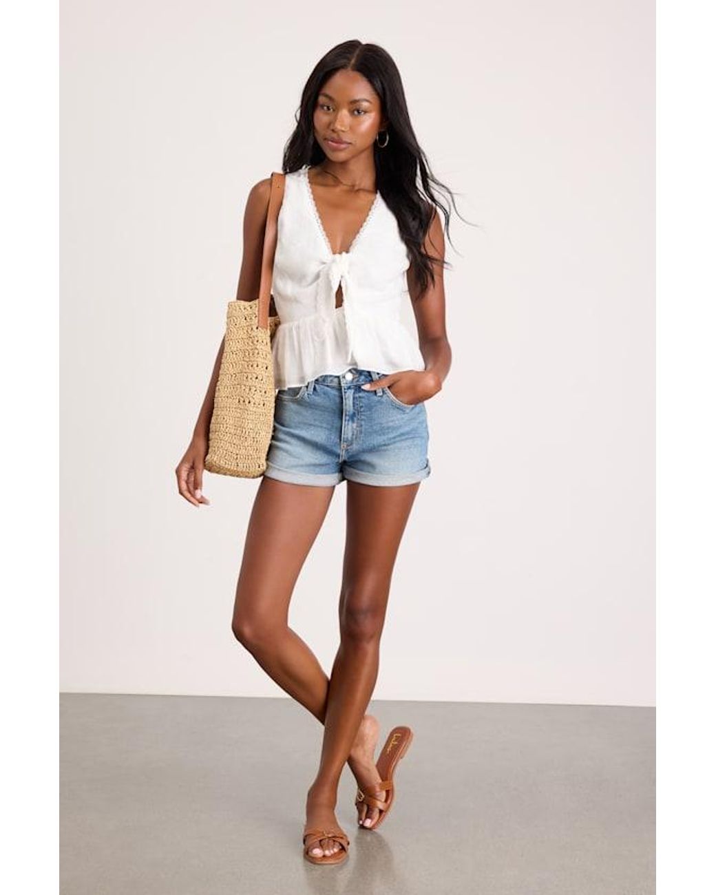 Lulus White Admirable Cutie Tie-Front Ruffled Sleeveless Top