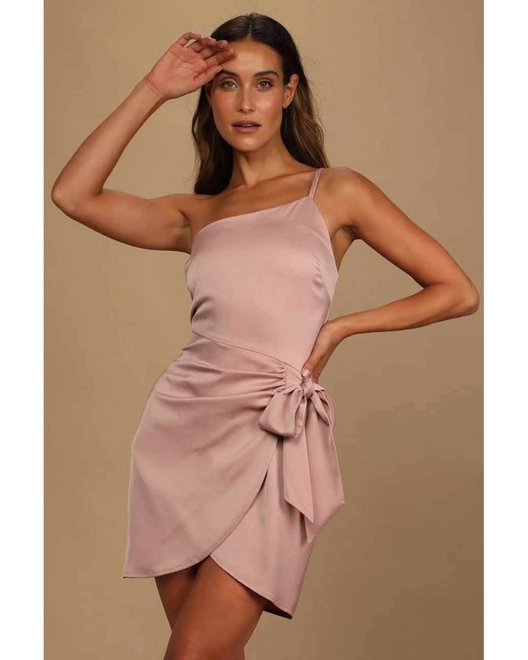 Pink satin one shoulder dress best sale