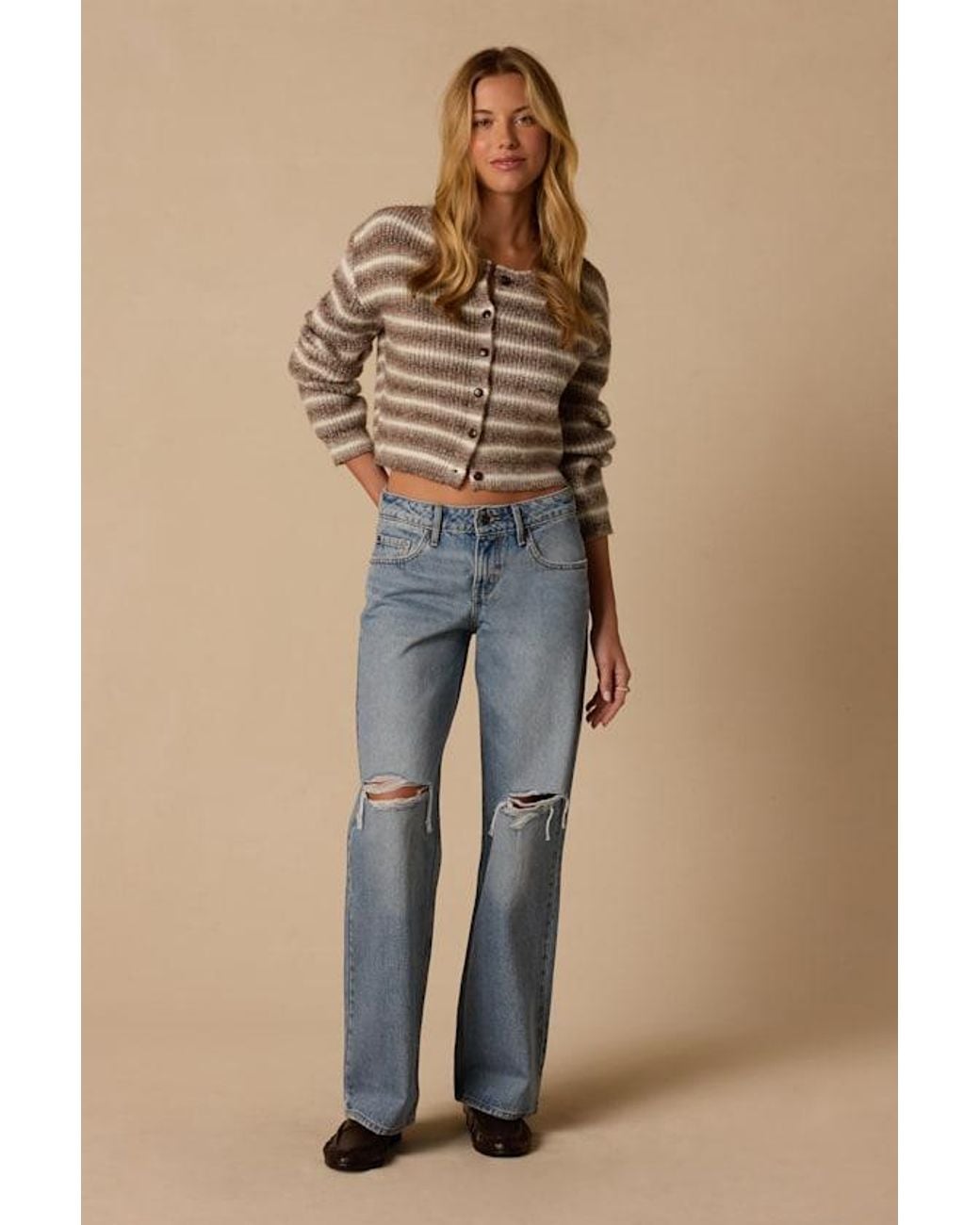 Levi's Natural Low Loose Medium Wash Distressed Low-Rise Wide-Leg Jeans