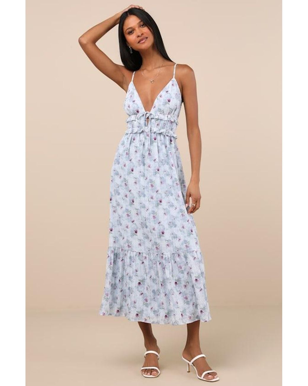 Lulus Blue Sandi Floral Tie-Front Midi Dress