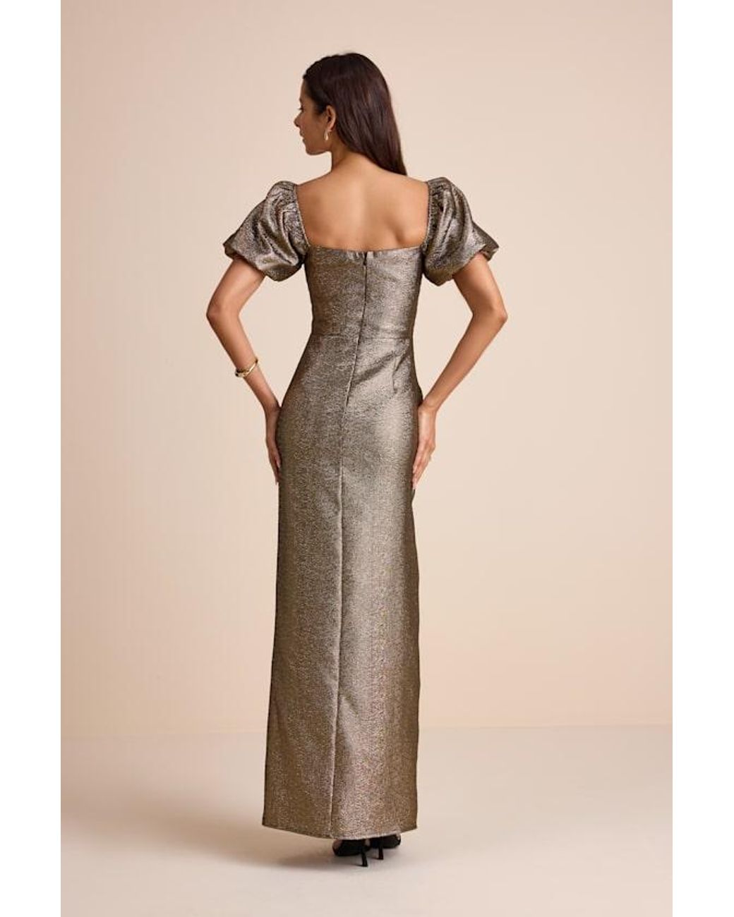 Lulus Natural Celestina Bronze Lurex Puff Sleeve Mermaid Maxi Dress