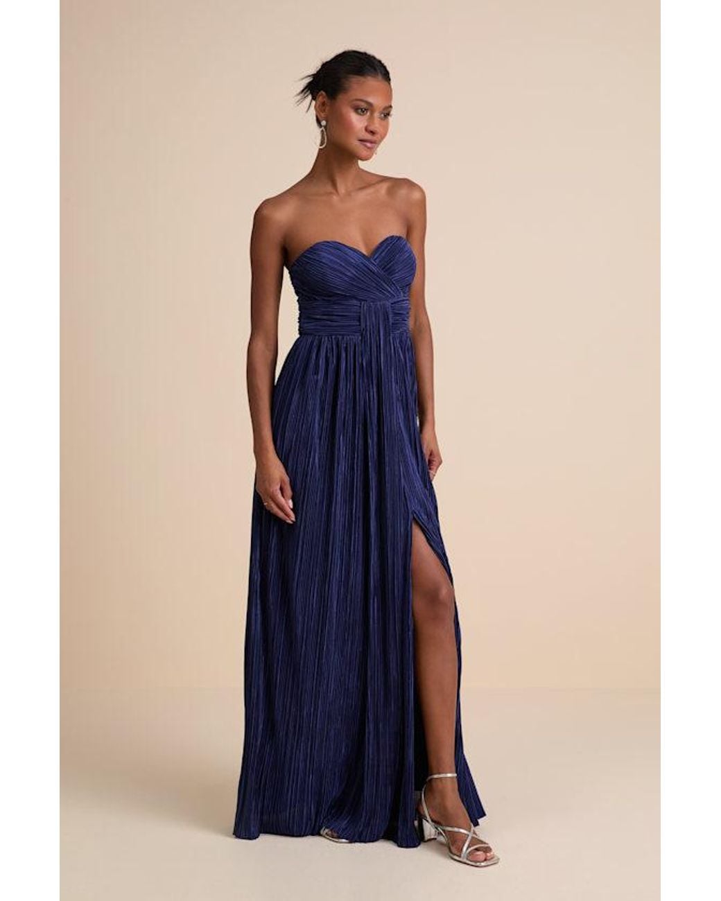 Lulus Blue Oswin Satin Plisse Strapless Maxi Dress