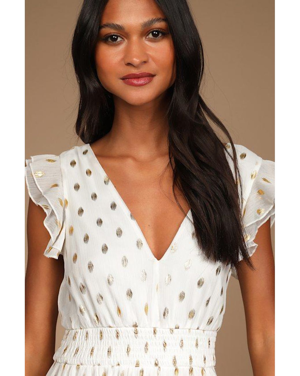 Lulus Natural Cause To Celebrate And Dot Ruffled Tiered Midi Dress