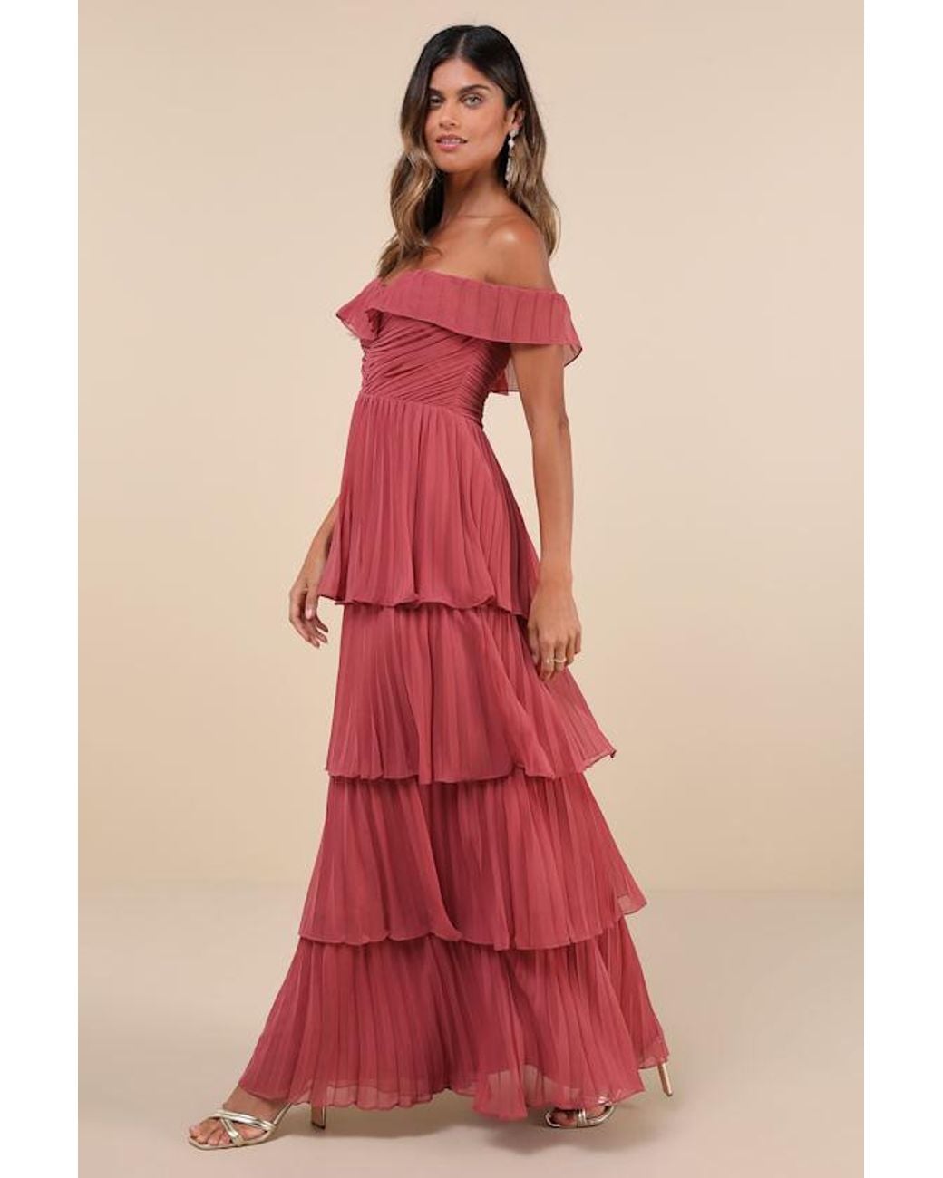 Lulus Red Always Remarkable Pleated Off-The-Shoulder Maxi Dress
