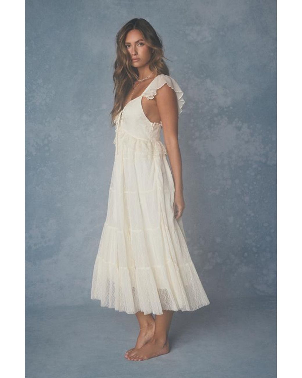 Lulus Blue Meli Cream Mixed Media Tiered Midi Dress