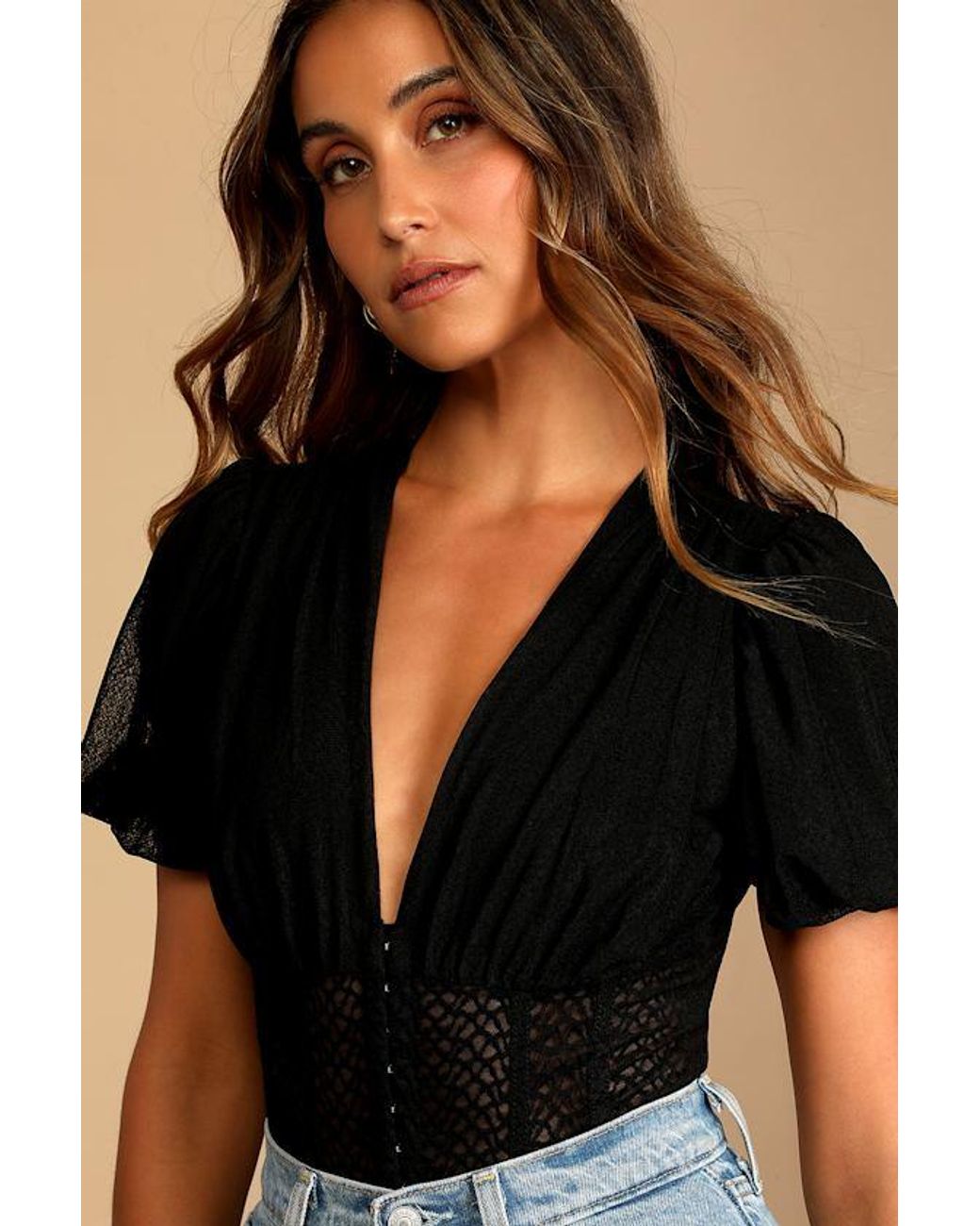 Lulus Black Properly Trendy Mesh Puff Sleeve Bodysuit