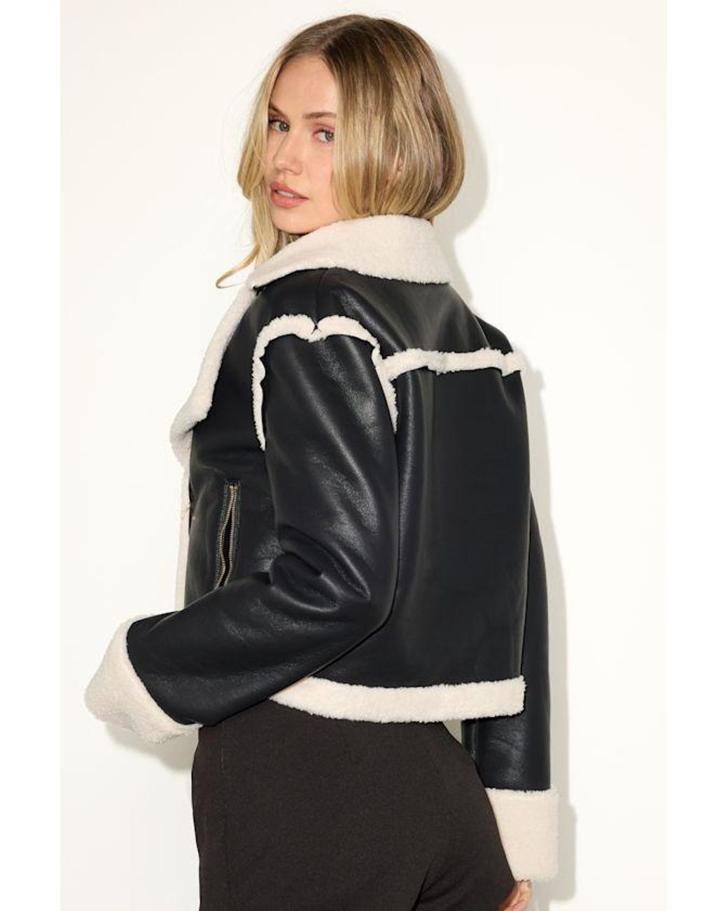 Lulus Black Maxina Vegan Leather Faux Fur Trim Jacket