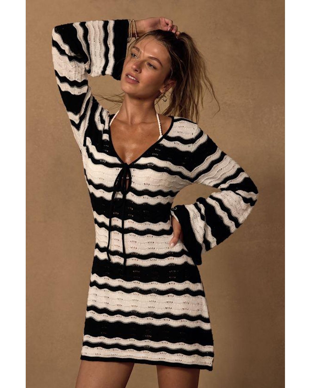 Lulus Brown Elora And Striped Crochet Tie-Front Swim Cover-Up