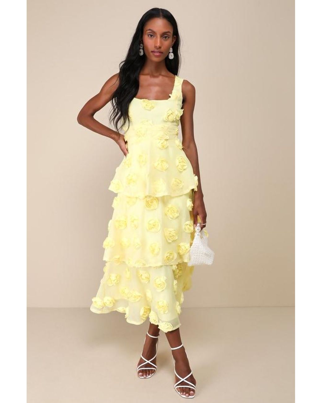 Lulus Yellow Exceptional Entrance Sleeveless Tiered Rosette Midi Dress